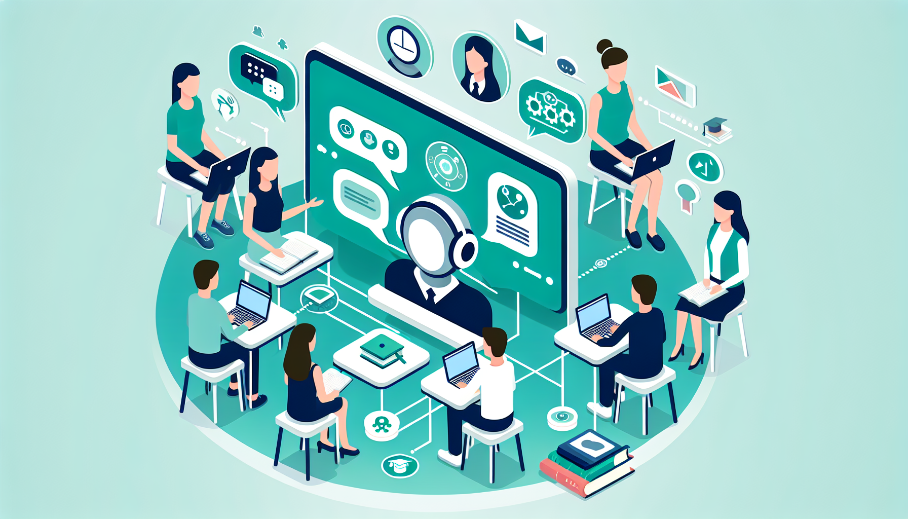 Students interacting with AI teaching assistant in university setting